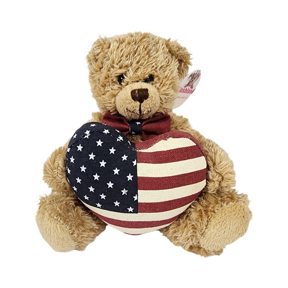 Plushland Patriotic Teddy Bear 6 inch American Flag Heart Bow Tie 2010 Tan Plush